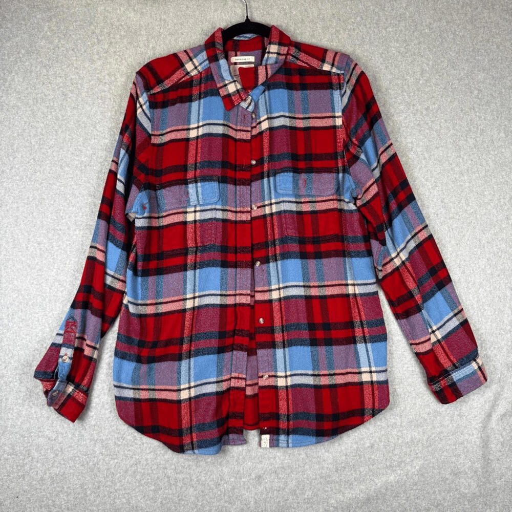 American Eagle Women's Size XL Red Blue Striped Boyfriend Fit Fleece Button Down